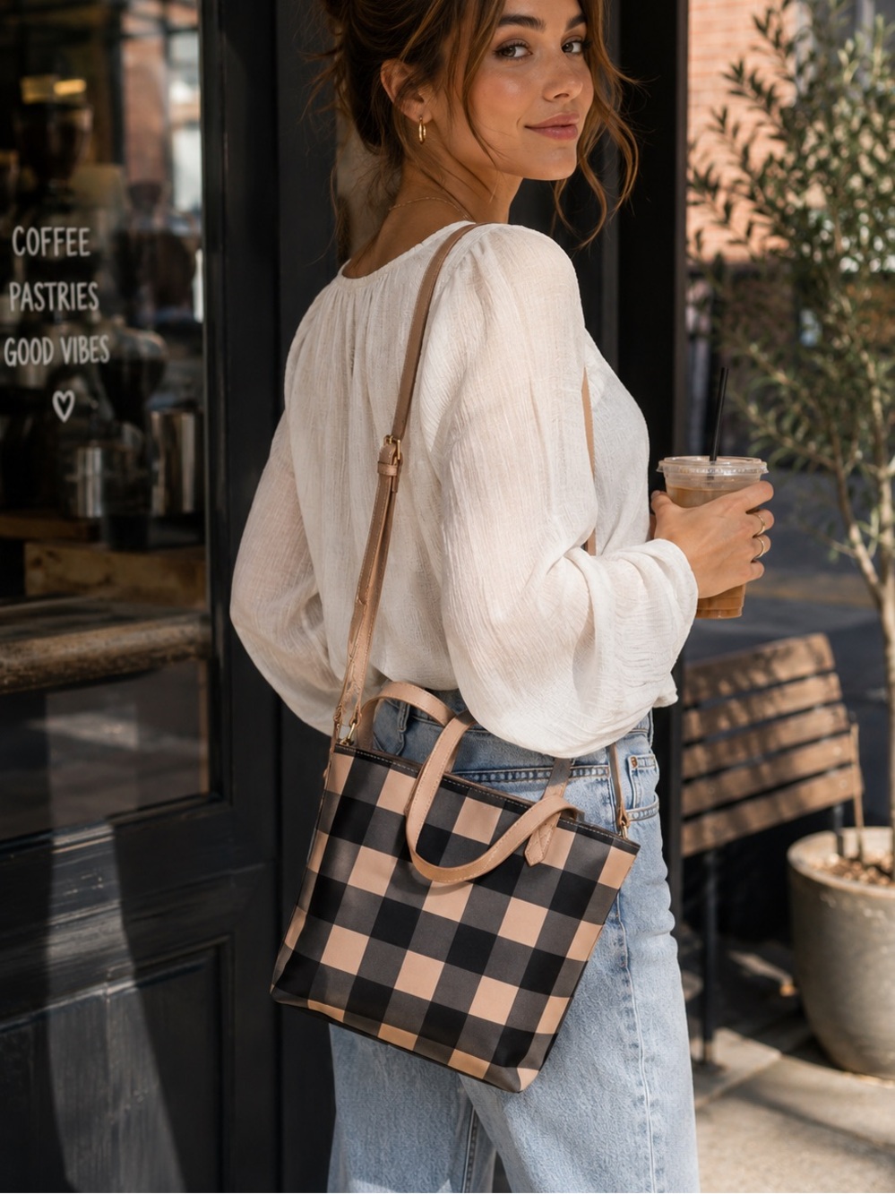 Madewell Checkered Leather Tote Crossbody Black Tan Adjustable Strap